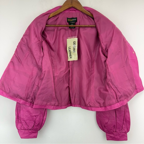 Metrostyle size 16 Women’s Pink Leather Puff Sleeve Single Button Jacket - Picture 6 of 7